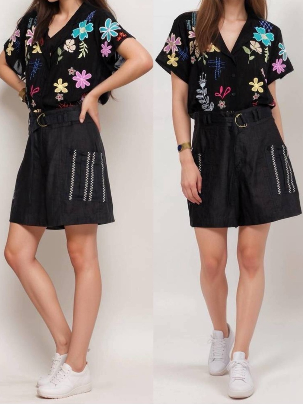 Johnny Was JW Los Angeles Joni Belted Embroidered Cargo Short Cotton